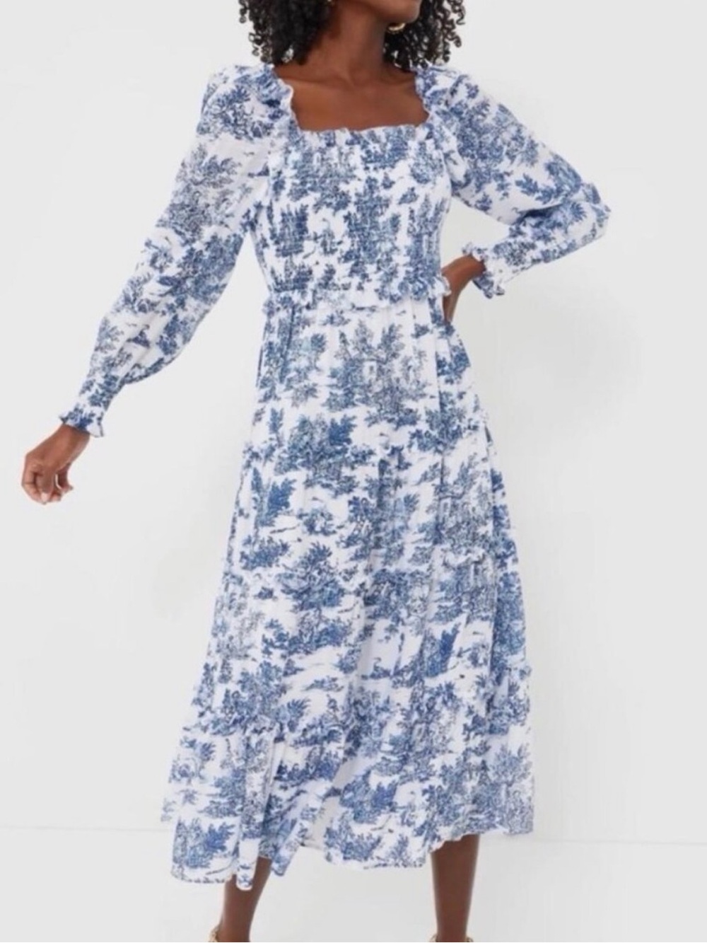 Blue Toile Smocked Square-Neck Long Sleeve Midi Dress